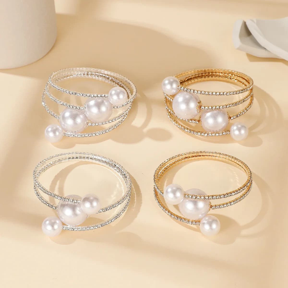 Radiant Coiled Wrap Around Bracelet Glossy Faux Pearl and Shining Rhinestone Embellishment Alloy Fashion Wrist Bangle