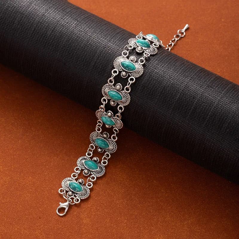 Womens Vintage Western Oval Turquoise Bracelet Antique Silver Filigree Adjustable Red Stone Accent Bulk Wholesale Bohemian 2026
