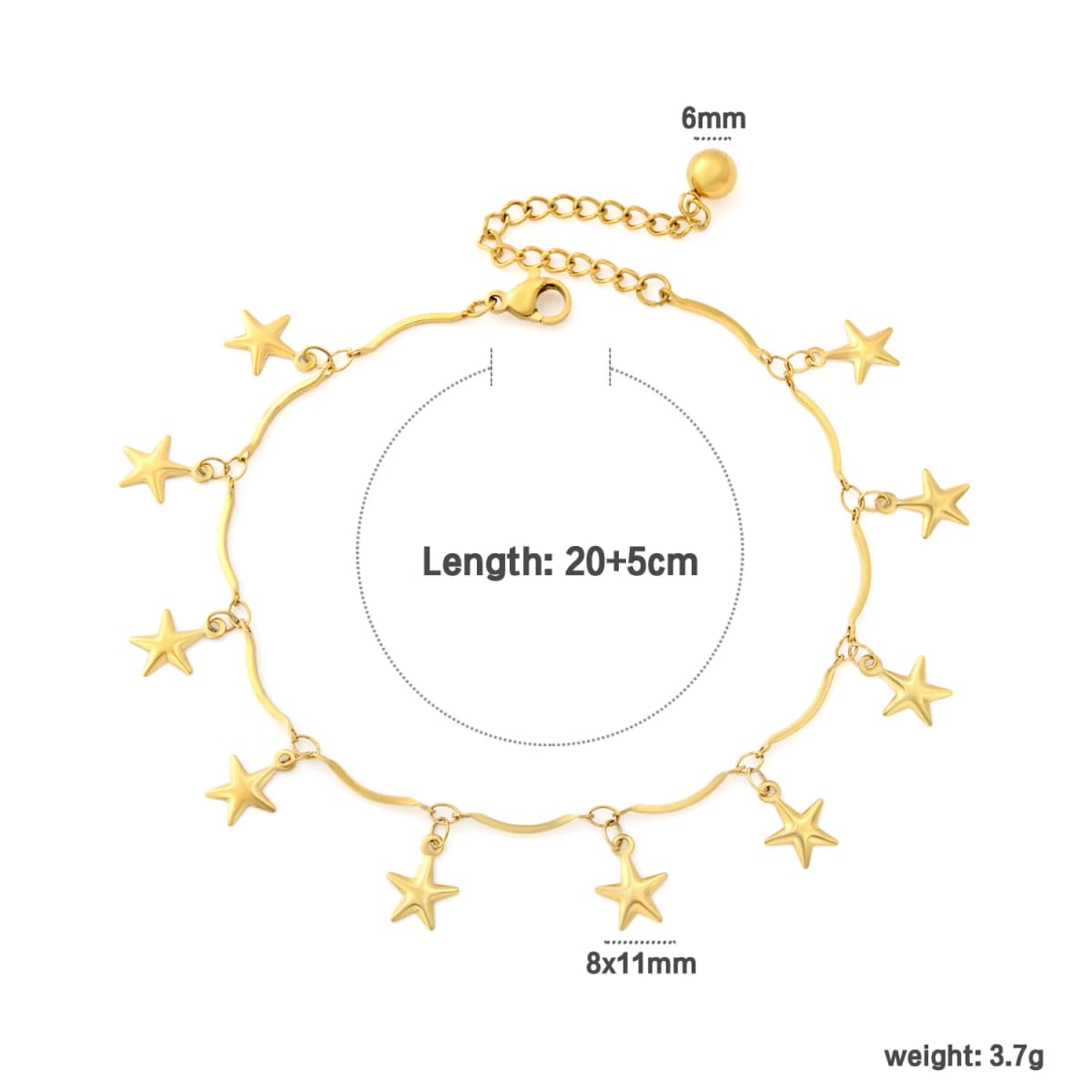Custom 18K Gold Plated Stainless Steel Star Charm Anklet Adjustable Wave Chain Foot Bracelet Waterproof Summer Beach Jewelry